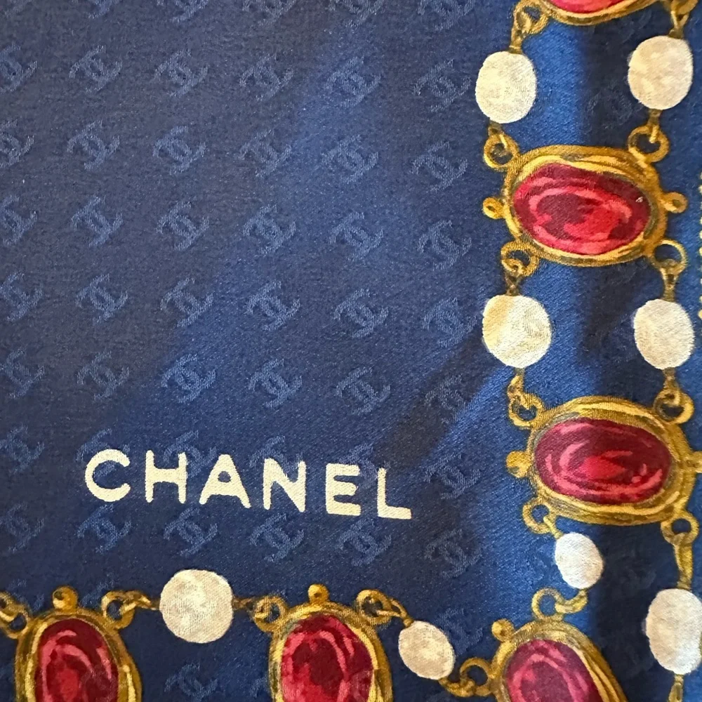 CHANEL Silk Chain Color Stone Scarf Navy Blue CC Coco Mark Logos COA w/ Box - Picture 6 of 14